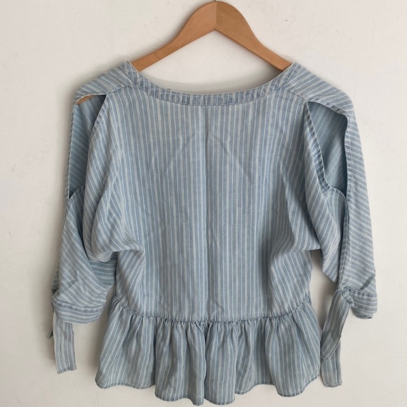 Blue Rain v neck Tied Sleeves cold shoulder pinstripe peplum Blouse, Size XS - Picture 7 of 11